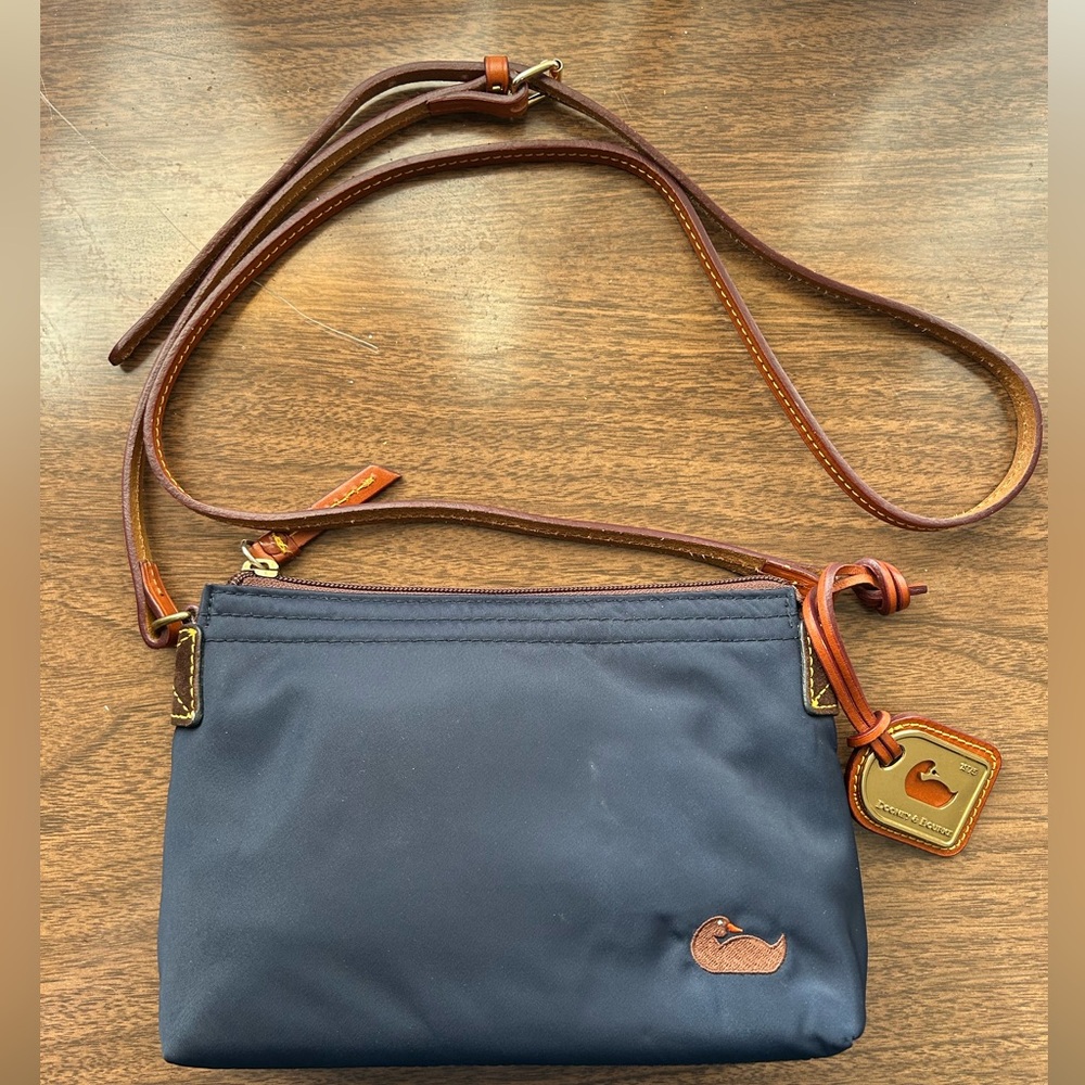 VINTAGE Dooney & Bourke Satchel Pouchette Blue Nylon Leather Adjustable Strap